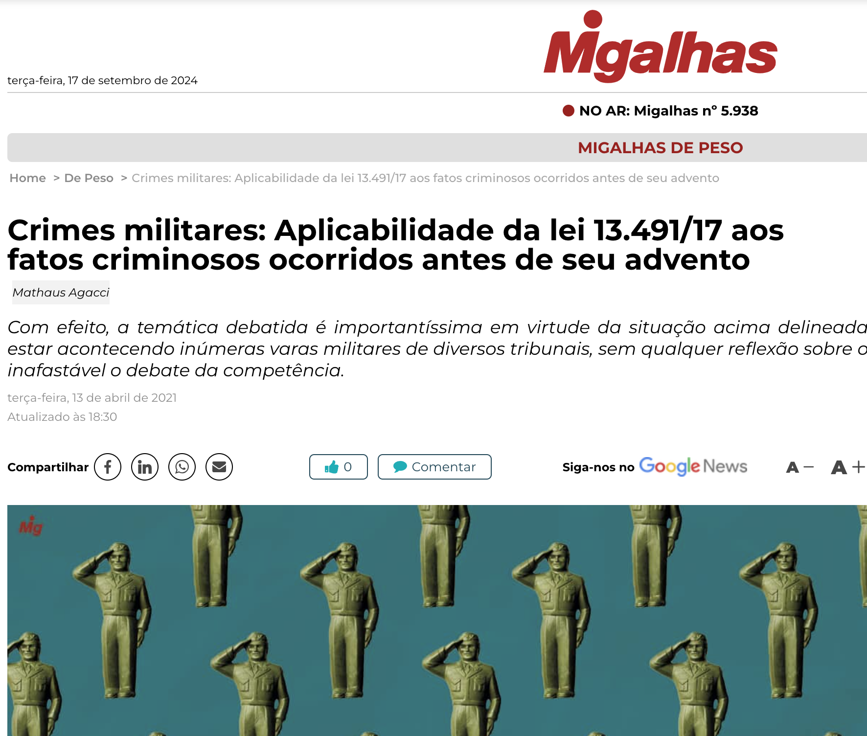 MIGALHAS: Crimes militares: Aplicabilidade da lei 13.491/17 aos fatos criminosos ocorridos antes de seu advento