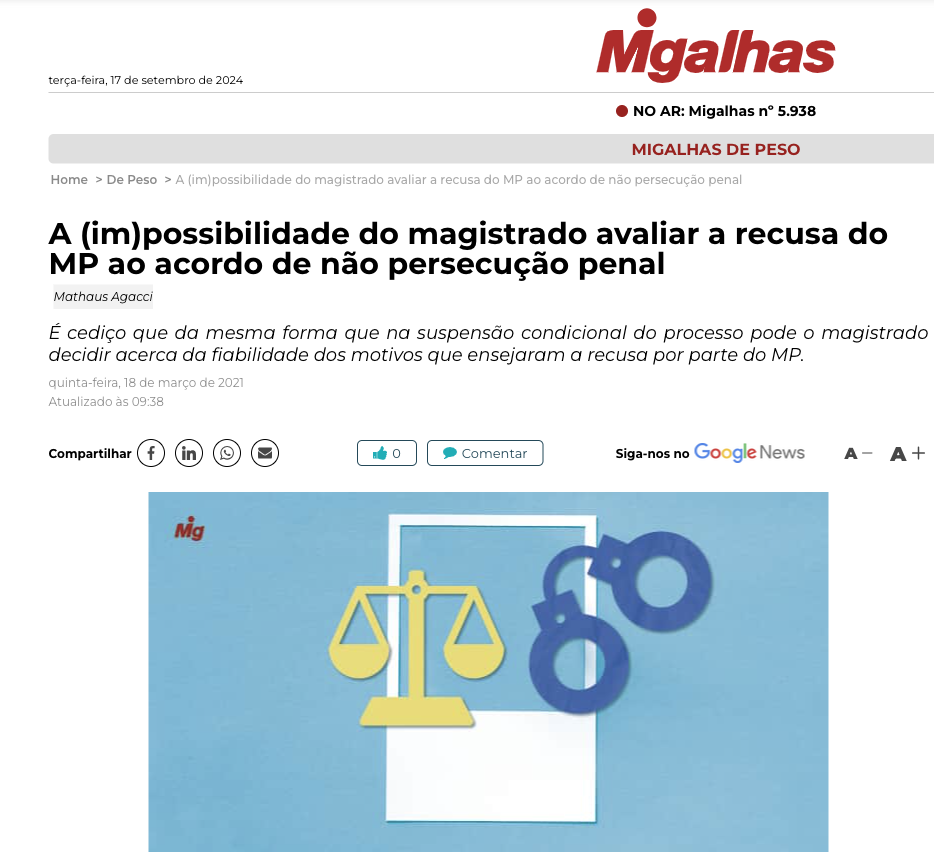 MIGALHAS: A (im)possibilidade do magistrado avaliar a recusa do MP ao acordo de não persecução penal